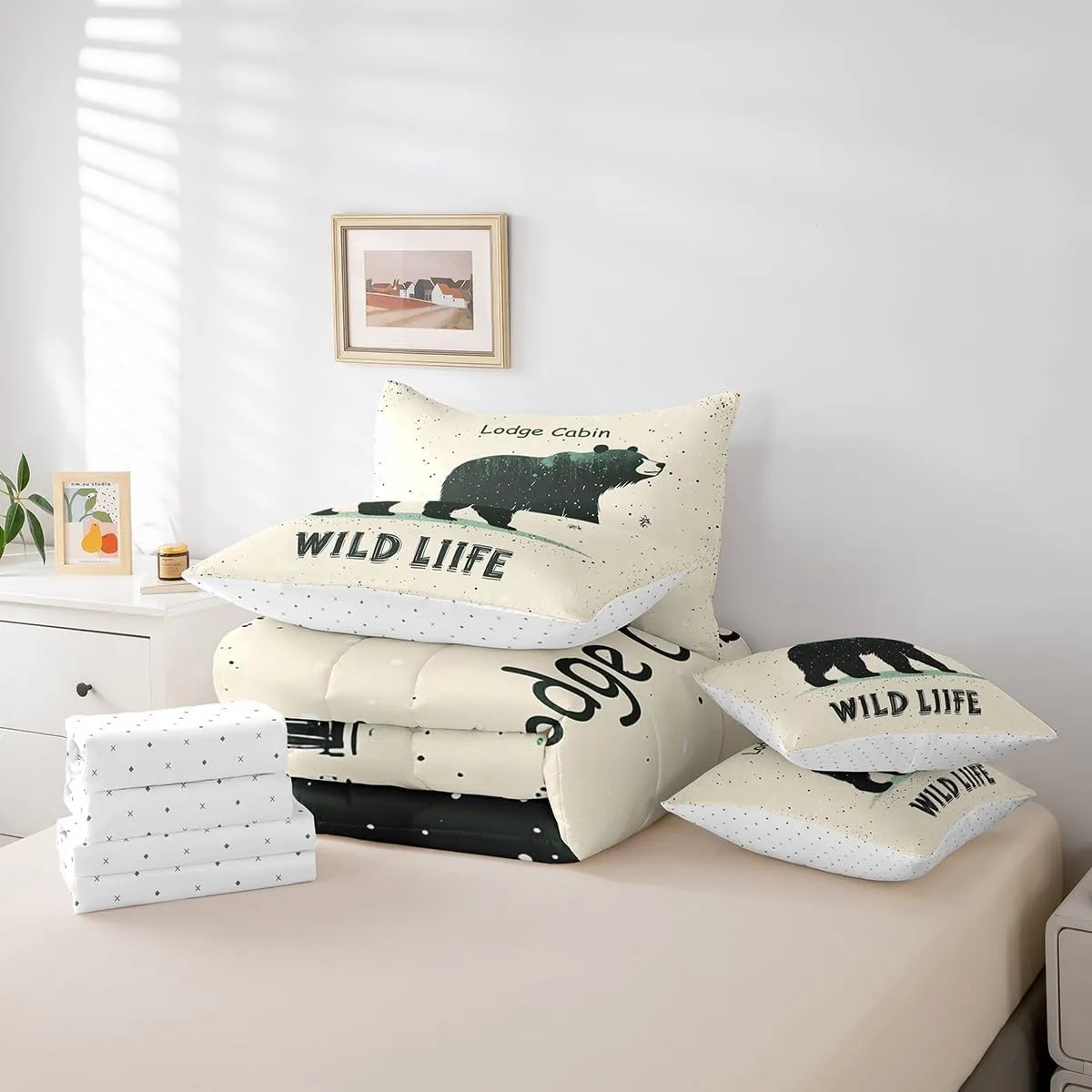 Cartoon Bear King Size Bedding Sets with Sheets,Comforter,Pillowcases,Pillow Covers 7 Pcs Lodge Cabin Jungle Farmhouse Style Comforter Set for Kids Boys Girls Teens Bedroom Dorm Bed Set