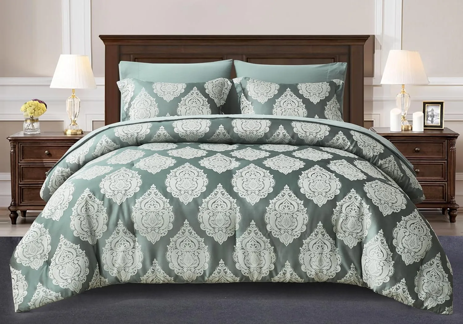 Chezmoi Collection Juliette 7-Piece Bed in a Bag Comforter Set King - Luxury Medallion Jacquard Comforter Set with Sheets for All Seasons, Gray Green Smoke