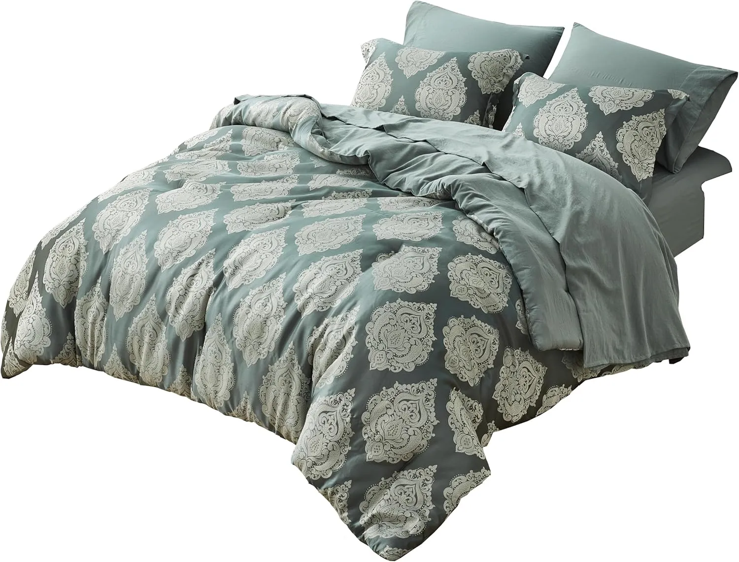 Chezmoi Collection Juliette 7-Piece Bed in a Bag Comforter Set King - Luxury Medallion Jacquard Comforter Set with Sheets for All Seasons, Gray Green Smoke