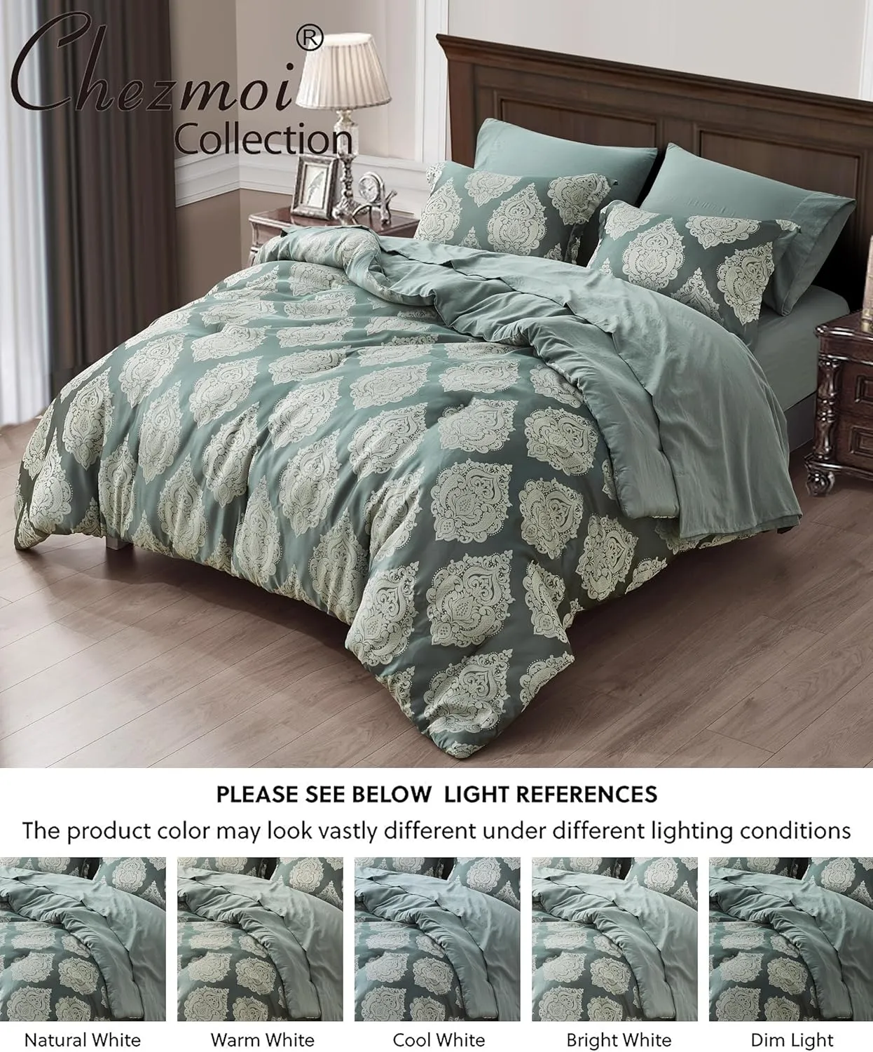Chezmoi Collection Juliette 7-Piece Bed in a Bag Comforter Set King - Luxury Medallion Jacquard Comforter Set with Sheets for All Seasons, Gray Green Smoke