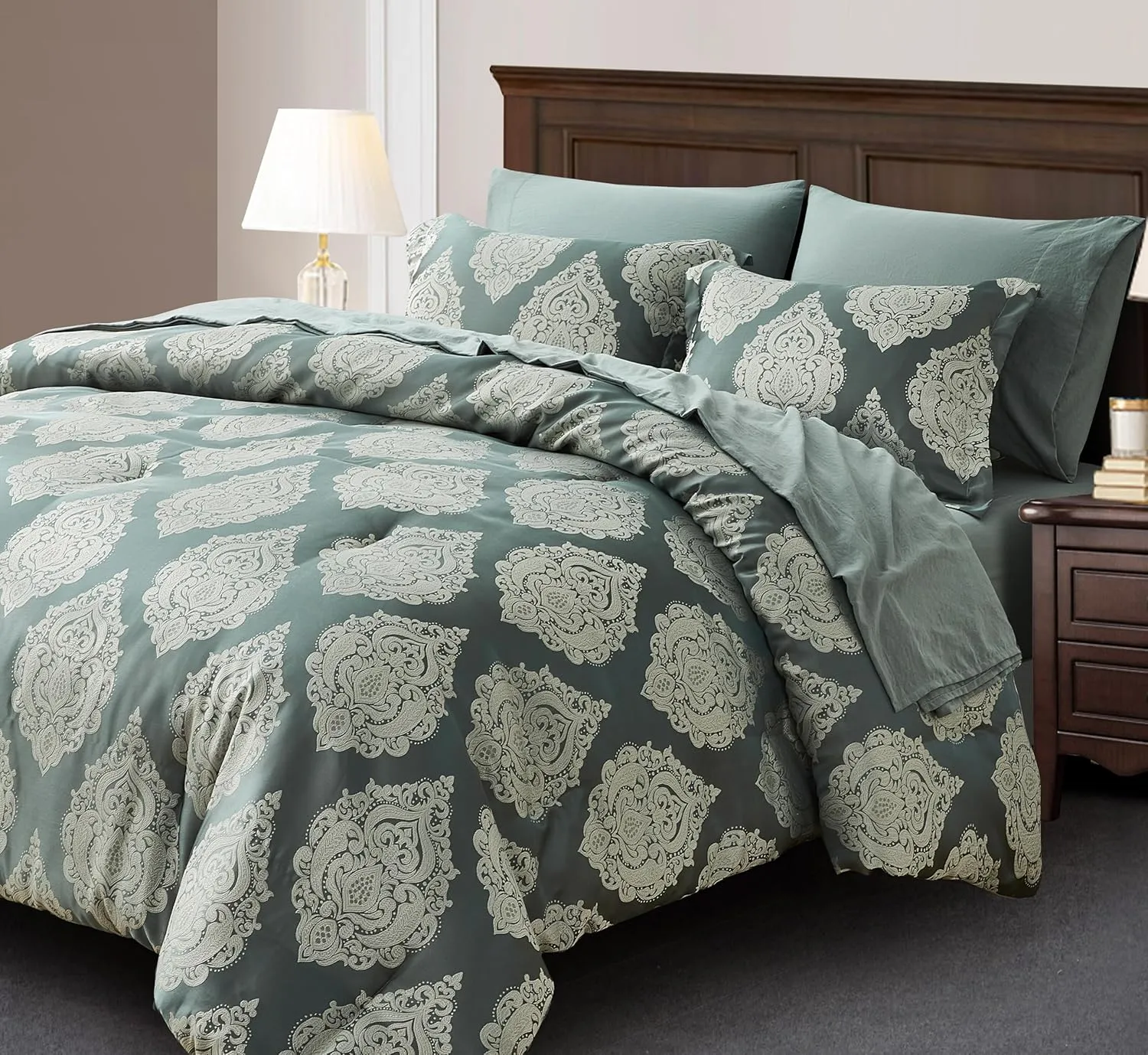 Chezmoi Collection Juliette 7-Piece Bed in a Bag Comforter Set King - Luxury Medallion Jacquard Comforter Set with Sheets for All Seasons, Gray Green Smoke
