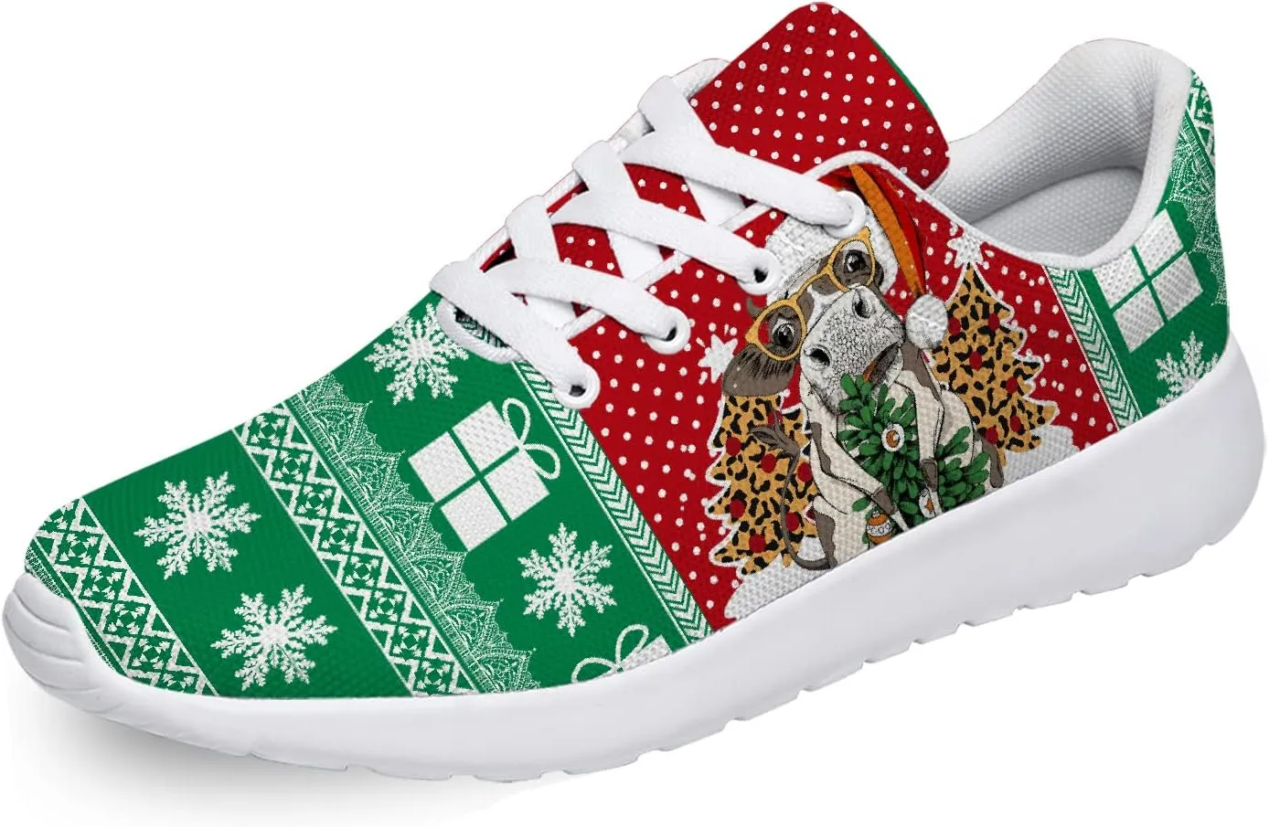 Christmas Themed Shoes Men Women Running Sneaker Tennis Walking Shoes Green Red Christmas Cow Print Shoes Gifts for Big Broghter,US Size 7 Women/5 Men