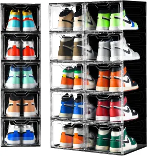 Clemate Upgraded X-Large Shoe Organizer,Shoe Storage Organizer,12 Pack,Shoe Box Clear Plastic Stackable,Drop Front Shoe Box with Clear Door, Shoe Containers For Sneaker Display,Fit up to US Size12