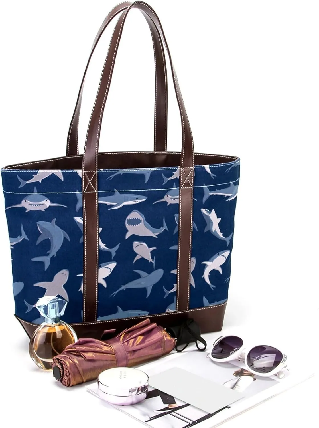 Colorful Ocean Shark Shoulder Purses for Women Large Soft Washed Leather Purses and Durable Handbags
