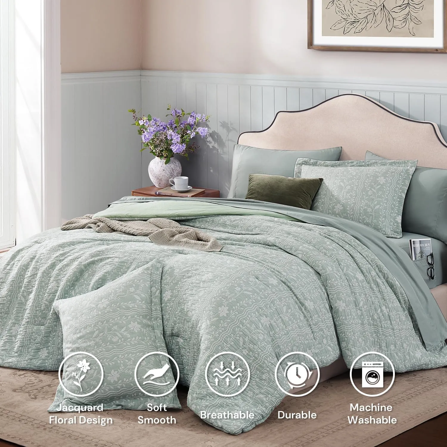 Comforter Set Queen Size - 7 Pieces Floral Green Bedding for All Seasons, Farmhouse Shabby Chic Embroidery Bed Set, Soft Jacquard Queen Comforter Set with Sheets, Pillowcases & Shams