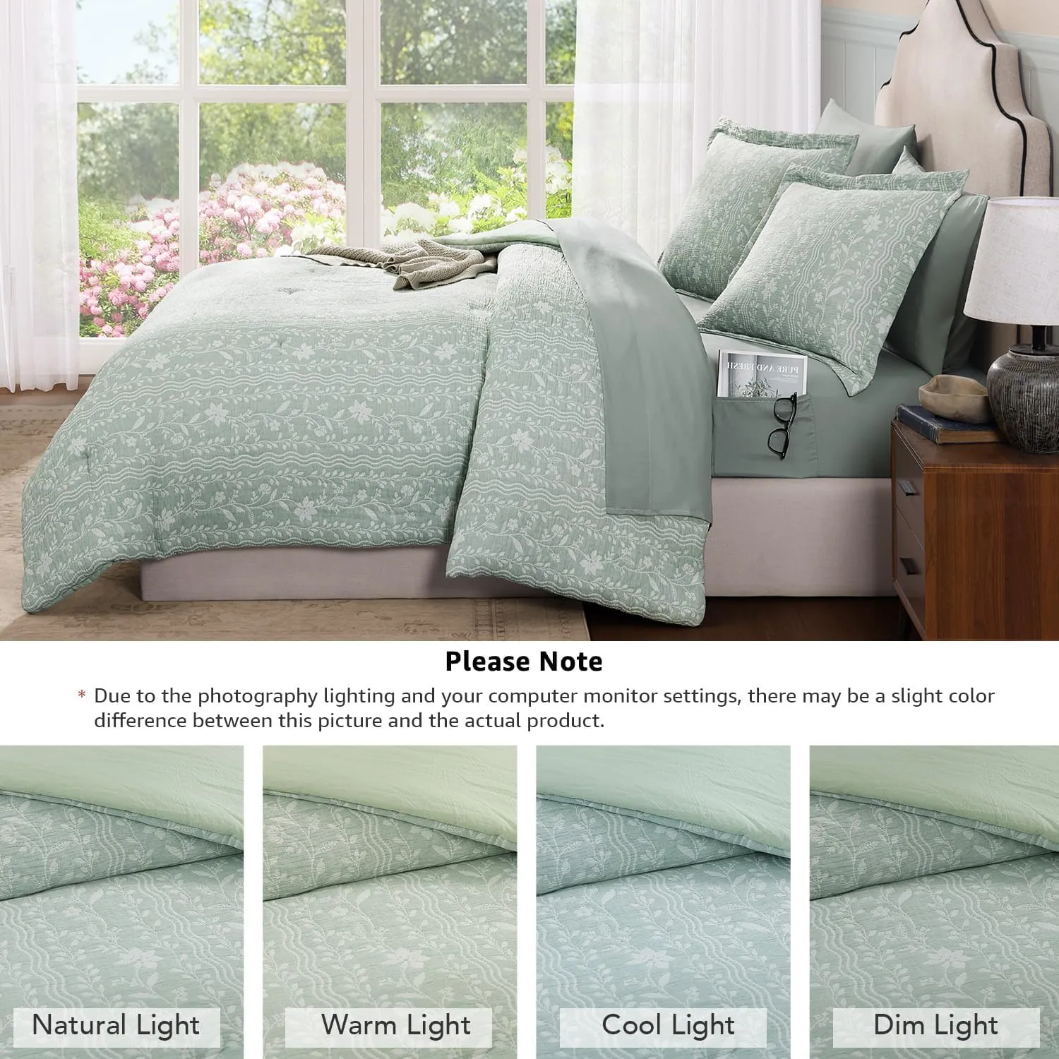 Comforter Set Queen Size - 7 Pieces Floral Green Bedding for All Seasons, Farmhouse Shabby Chic Embroidery Bed Set, Soft Jacquard Queen Comforter Set with Sheets, Pillowcases & Shams