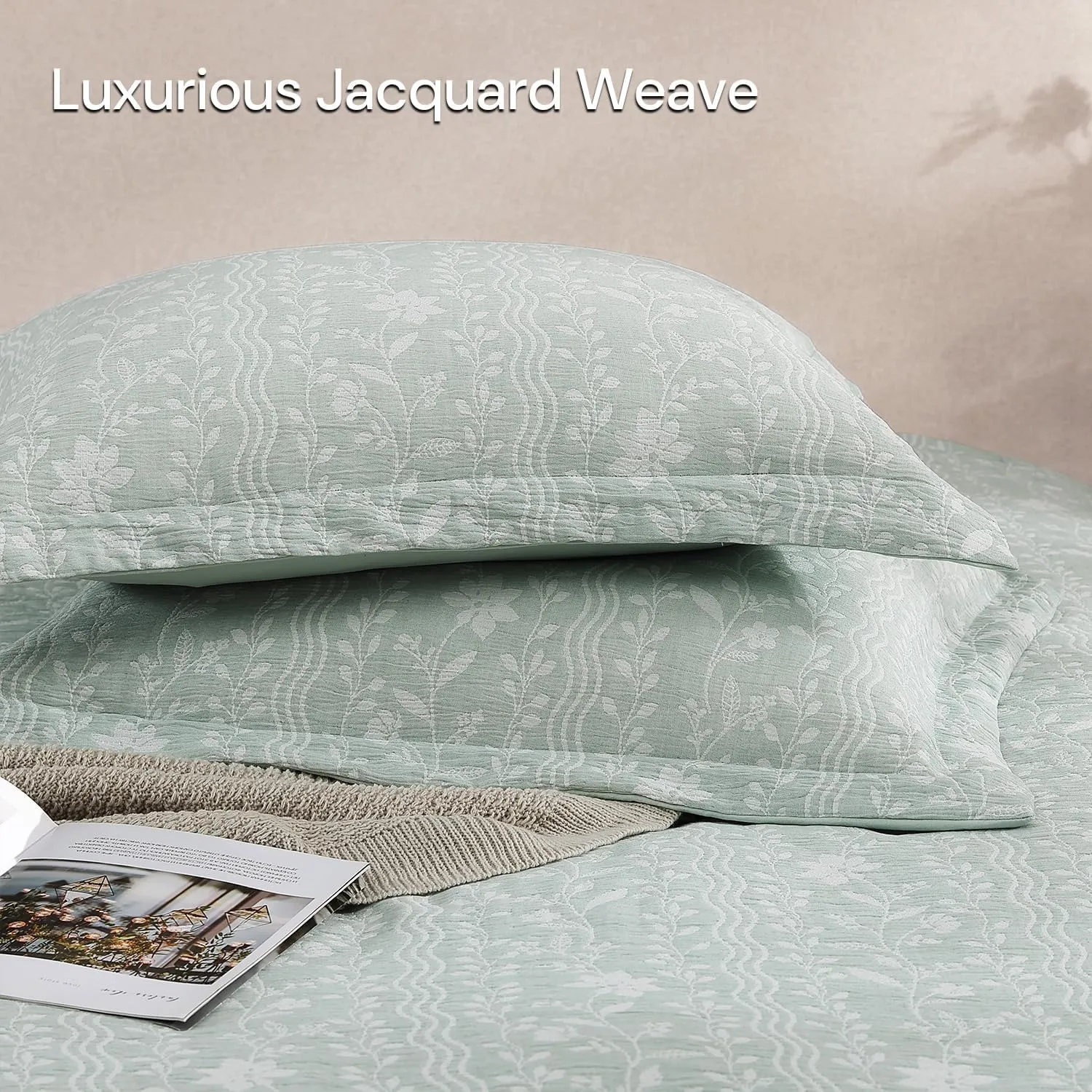 Comforter Set Queen Size - 7 Pieces Floral Green Bedding for All Seasons, Farmhouse Shabby Chic Embroidery Bed Set, Soft Jacquard Queen Comforter Set with Sheets, Pillowcases & Shams