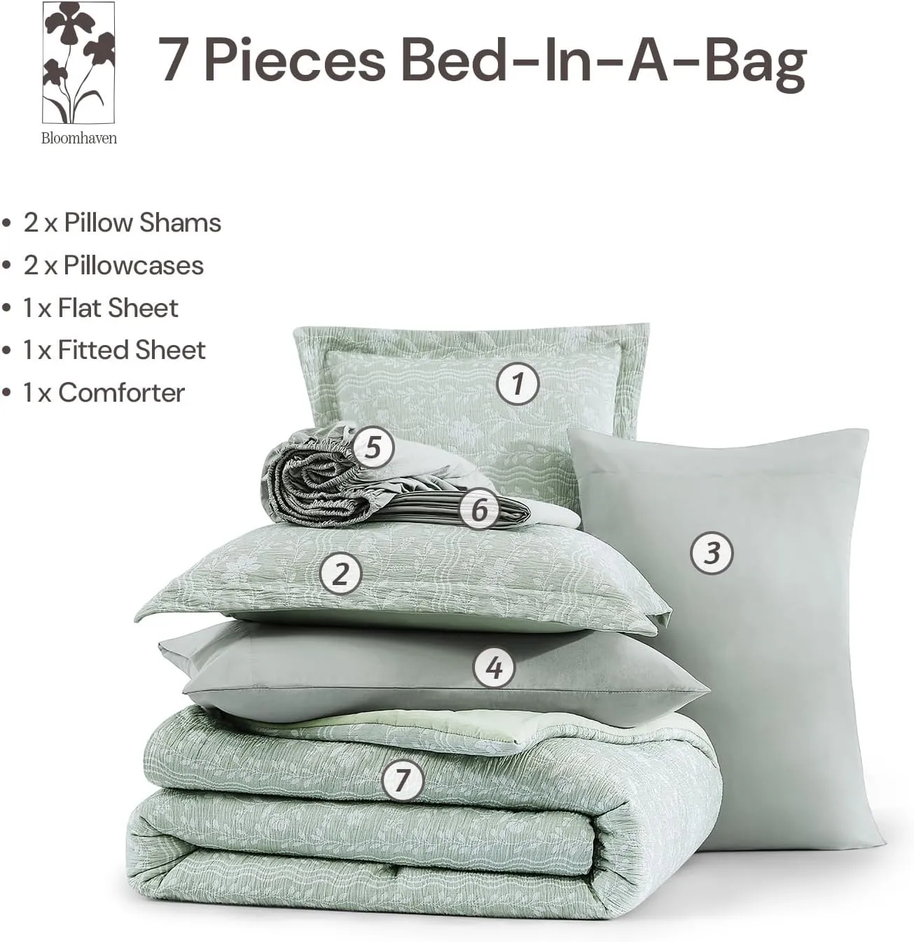 Comforter Set Queen Size - 7 Pieces Floral Green Bedding for All Seasons, Farmhouse Shabby Chic Embroidery Bed Set, Soft Jacquard Queen Comforter Set with Sheets, Pillowcases & Shams