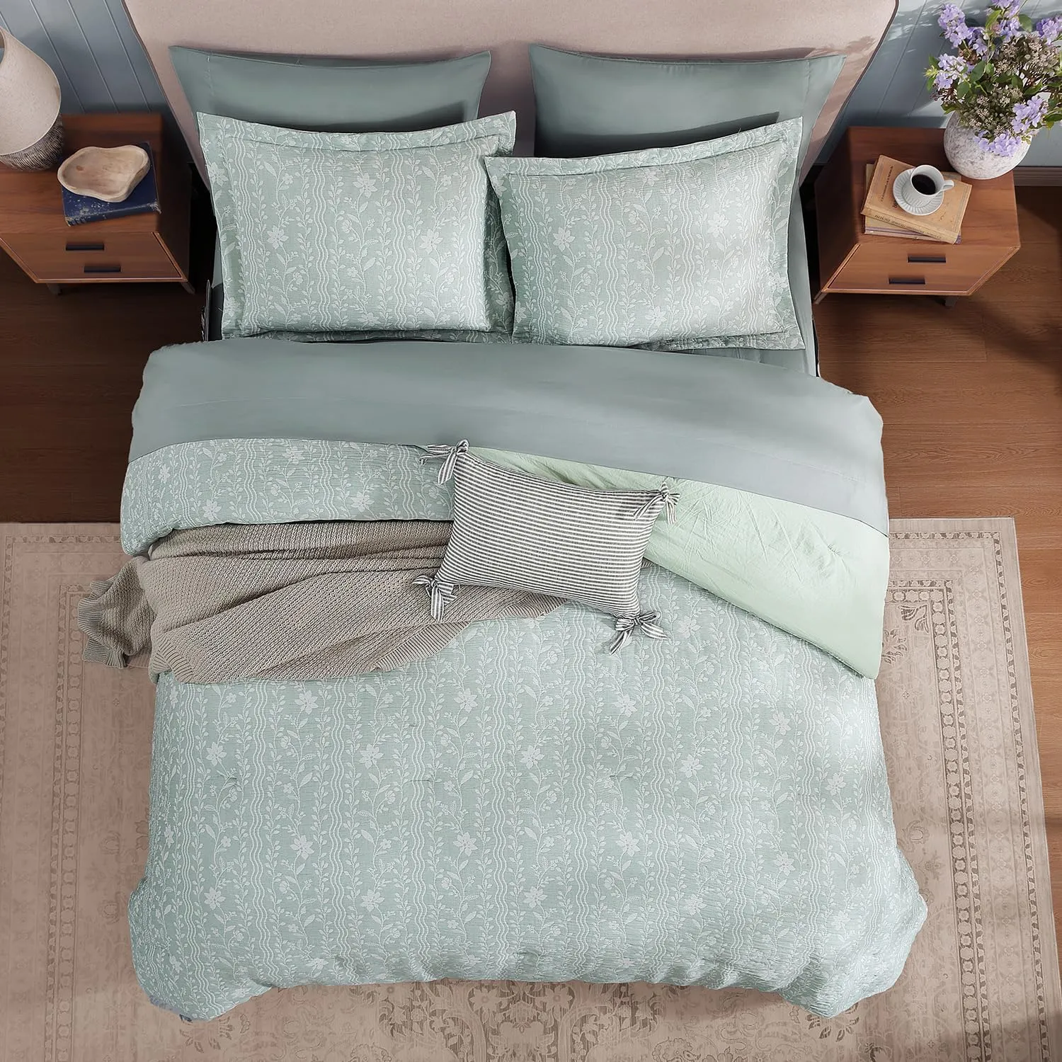Comforter Set Queen Size - 7 Pieces Floral Green Bedding for All Seasons, Farmhouse Shabby Chic Embroidery Bed Set, Soft Jacquard Queen Comforter Set with Sheets, Pillowcases & Shams