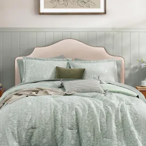 Comforter Set Queen Size - 7 Pieces Floral Green Bedding for All Seasons, Farmhouse Shabby Chic Embroidery Bed Set, Soft Jacquard Queen Comforter Set with Sheets, Pillowcases & Shams