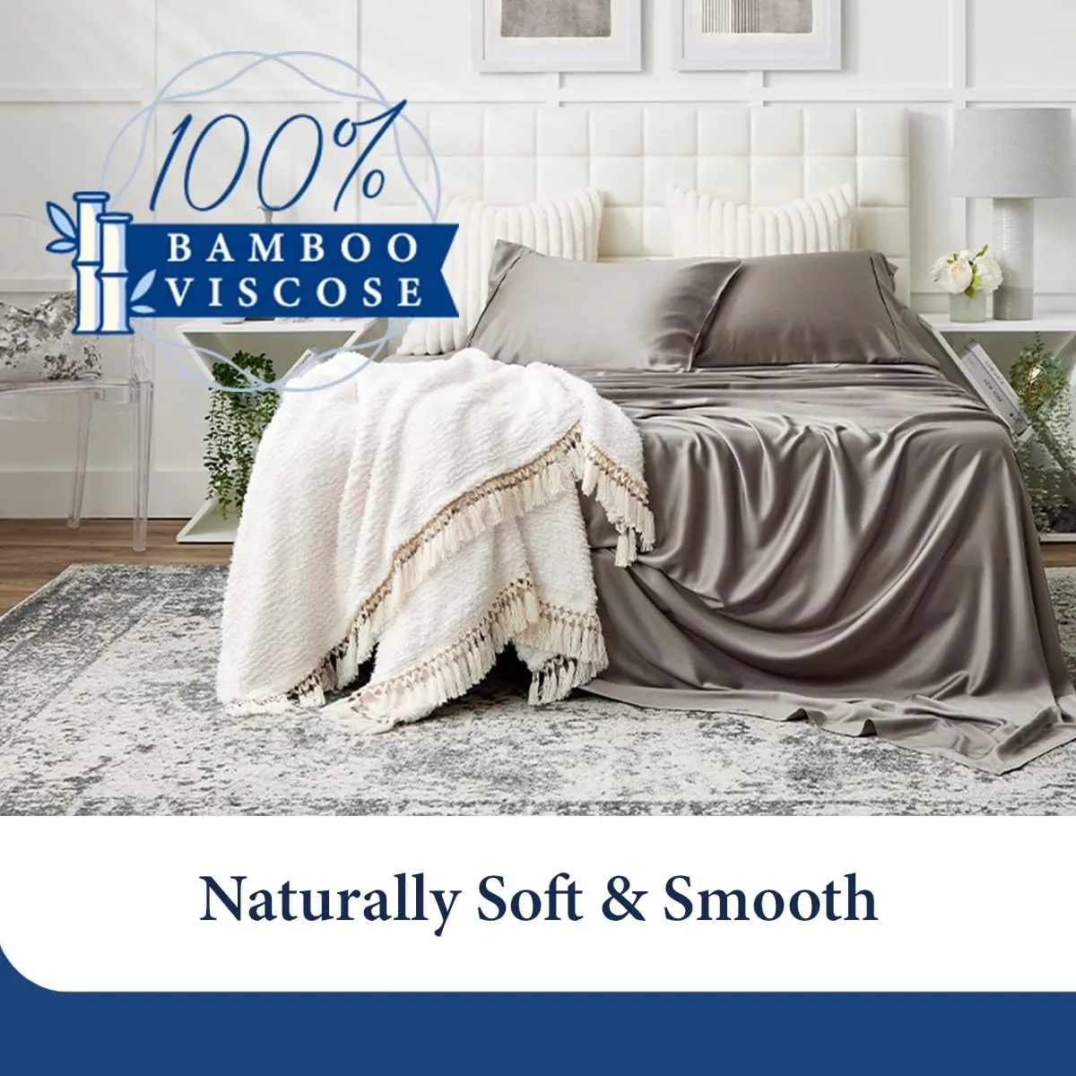 Cosy House Collection 100% Rayon Derived from Bamboo Bed Sheet Set - Cooling, Breathable, Silky Soft 5-Piece Deep Pocket Bedding Set (Split King, Grey)