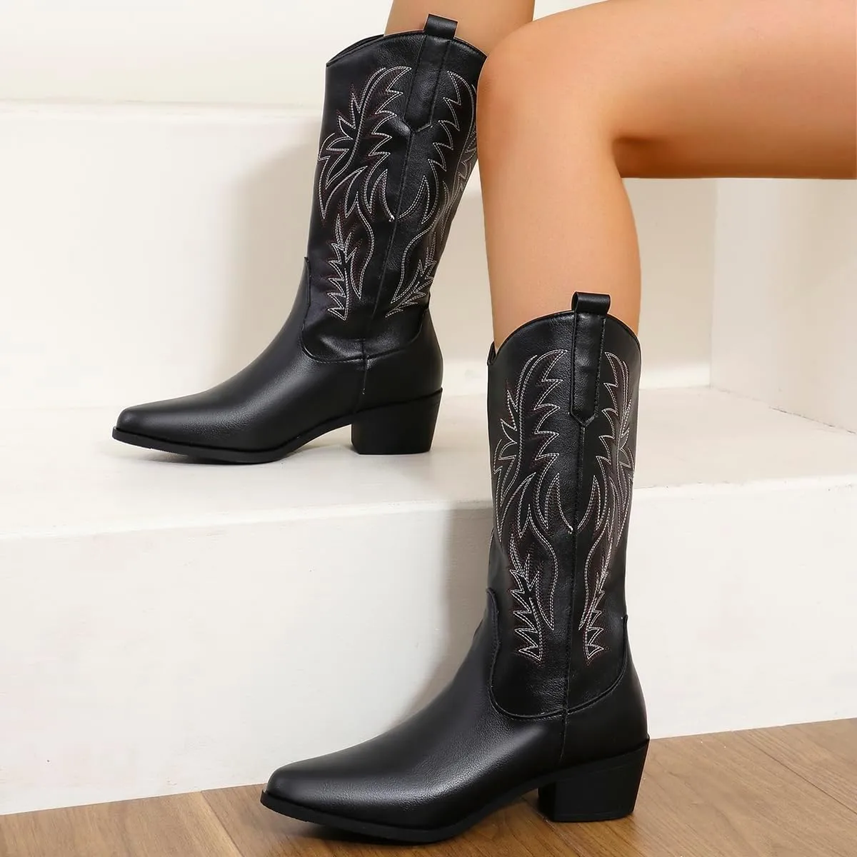 Cowgirl Boot for Women,Retro Classic Mid Calf Western Boots Embroidered Pointed Toe Chunky Block Heel Cowboy Boots