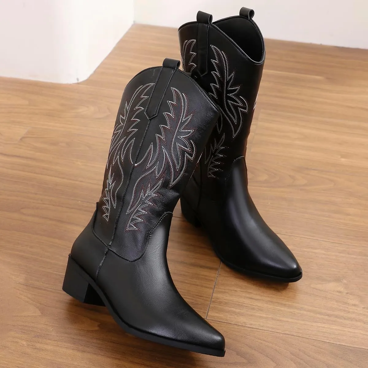 Cowgirl Boot for Women,Retro Classic Mid Calf Western Boots Embroidered Pointed Toe Chunky Block Heel Cowboy Boots