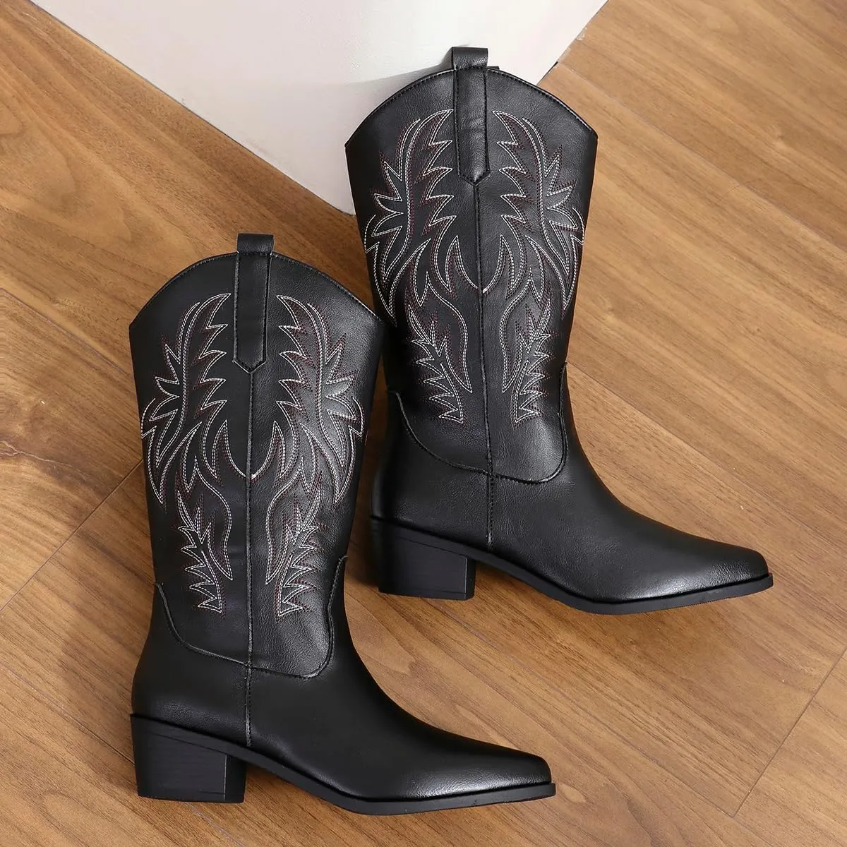 Cowgirl Boot for Women,Retro Classic Mid Calf Western Boots Embroidered Pointed Toe Chunky Block Heel Cowboy Boots