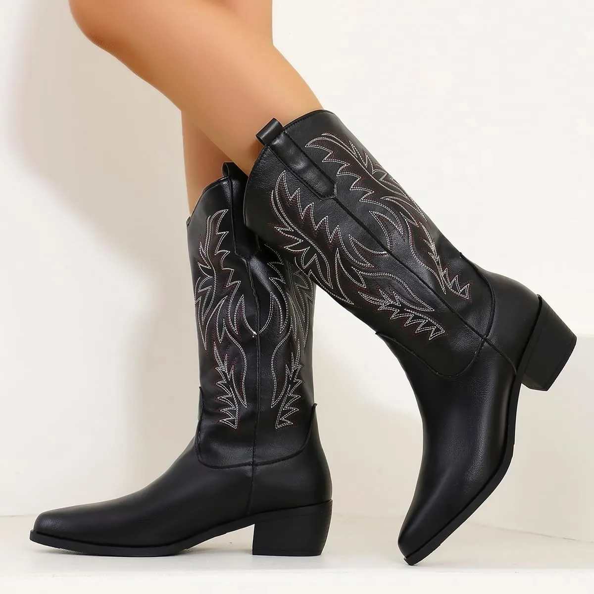 Cowgirl Boot for Women,Retro Classic Mid Calf Western Boots Embroidered Pointed Toe Chunky Block Heel Cowboy Boots