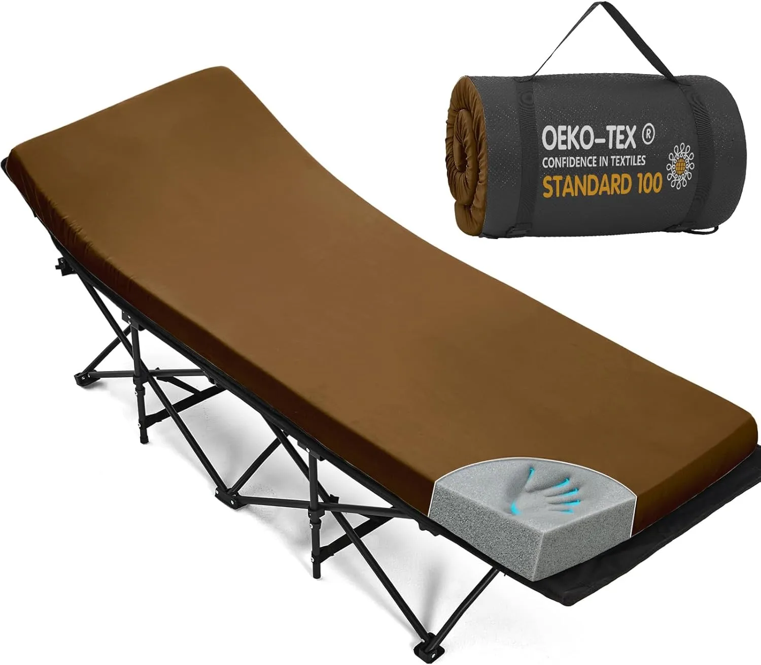 CYMULA Camping Cot Mattress 2in Memory Foam Sleeping Pad,Soft Warm Non-Slip Camping Mattress Topper with Retaining for Adults,Portable Roll up Pad for Travel(Dark Brown 75"x30")