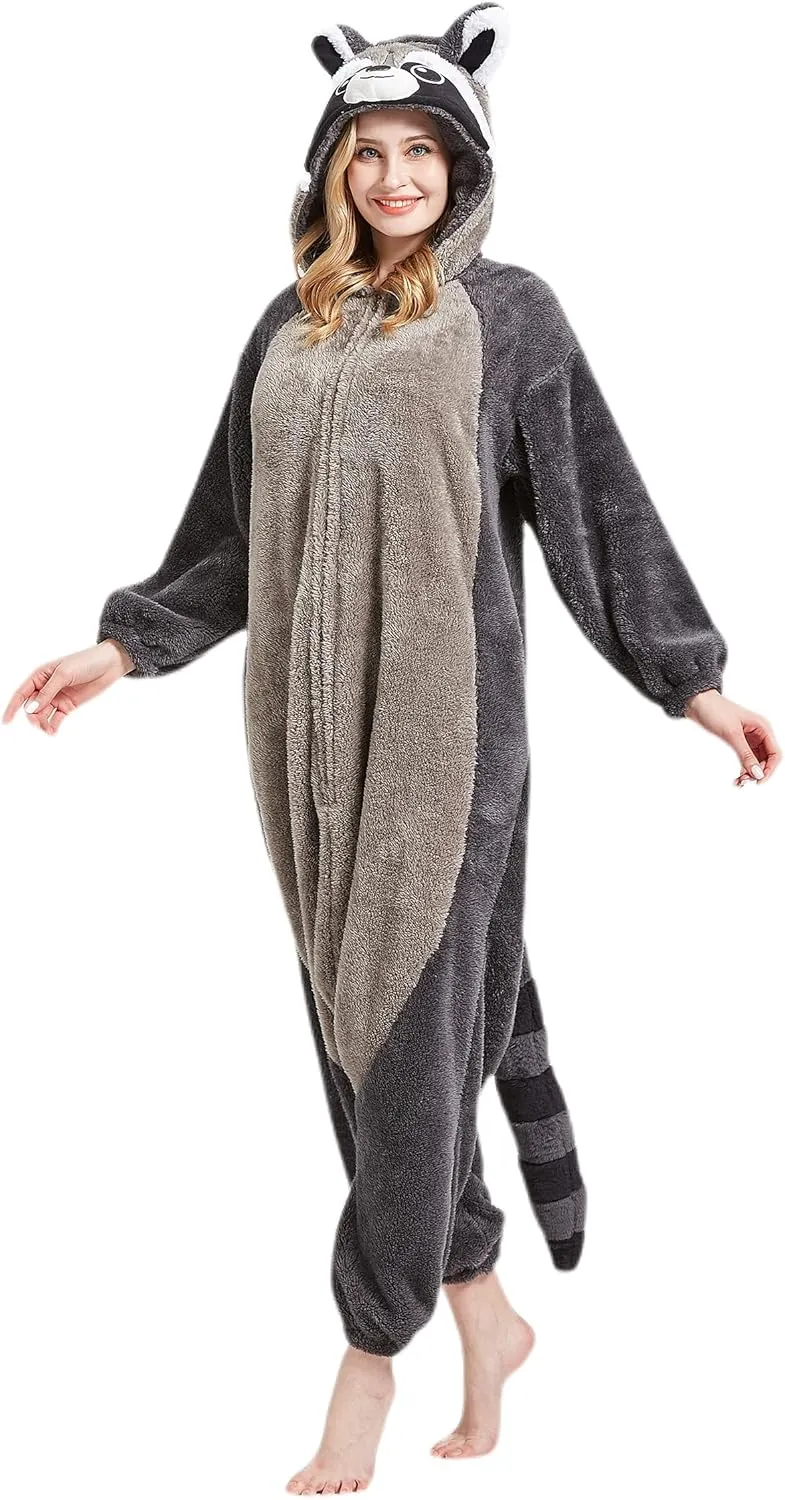 DarkCom Raccoon Onesie Halloween Costume One Piece Unisex Adult Pajamas Women Men Sleepwear Christmas Pajamas