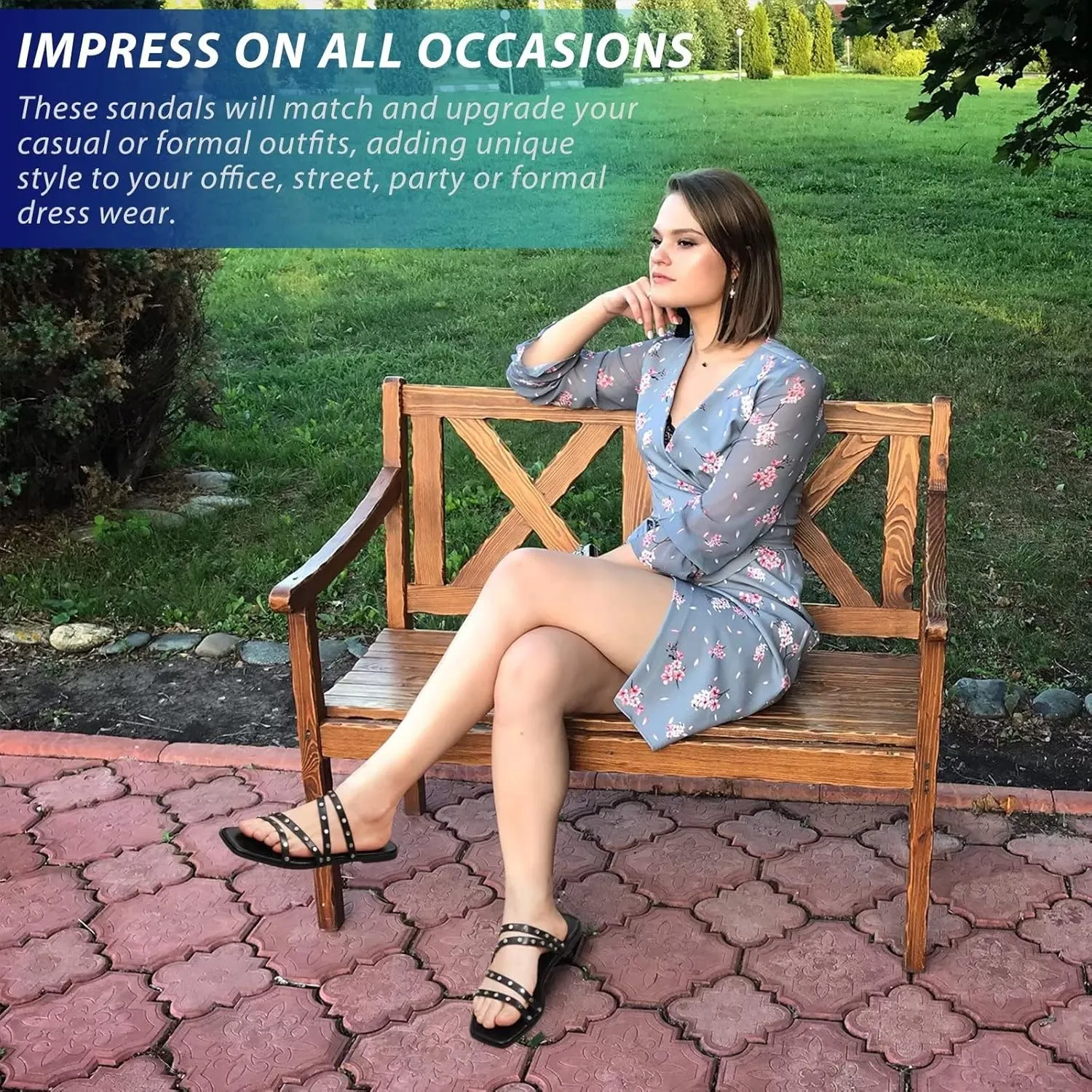 DAYDAYGO Sandals for women - Cute Square Open Toe Dressy Slide Sandal - Comfortable Stylish Flat Sandal Slides Shoes With Striking straps and Soft Memory Foam Insole