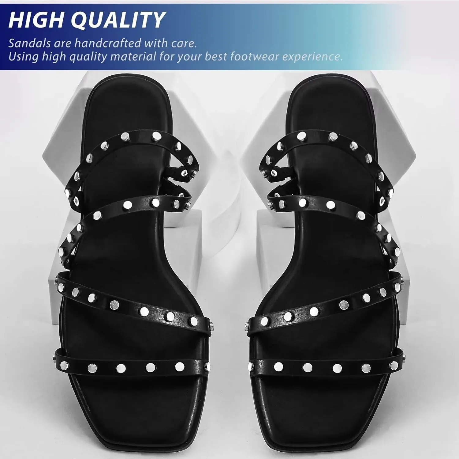 DAYDAYGO Sandals for women - Cute Square Open Toe Dressy Slide Sandal - Comfortable Stylish Flat Sandal Slides Shoes With Striking straps and Soft Memory Foam Insole