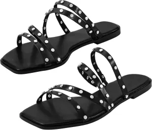 DAYDAYGO Sandals for women - Cute Square Open Toe Dressy Slide Sandal - Comfortable Stylish Flat Sandal Slides Shoes With Striking straps and Soft Memory Foam Insole