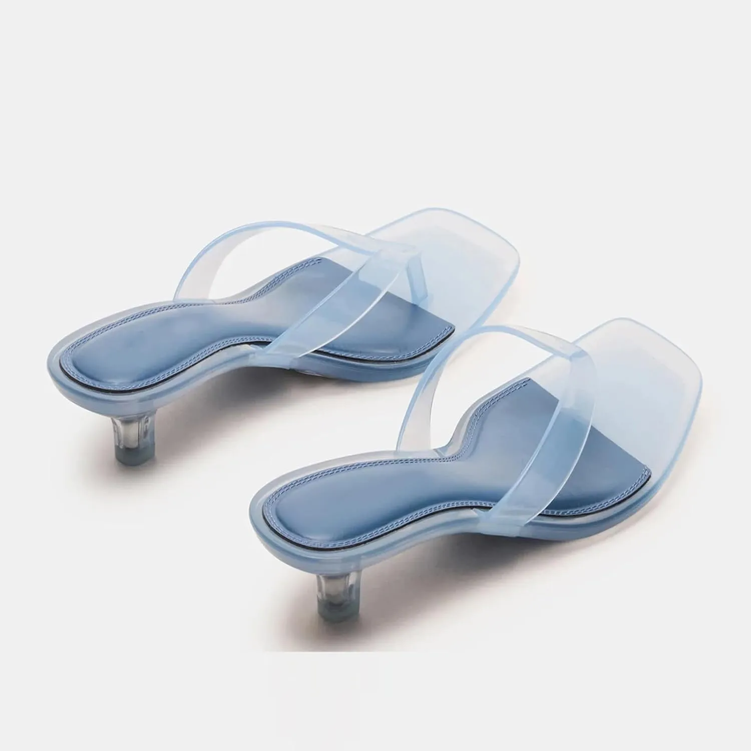 Dsevht Jelly Kitten Heel Sandals for Women Clear Square Toe Flip Flop Thong Mule Heeled Summer Beach Slip On Slide Shoes