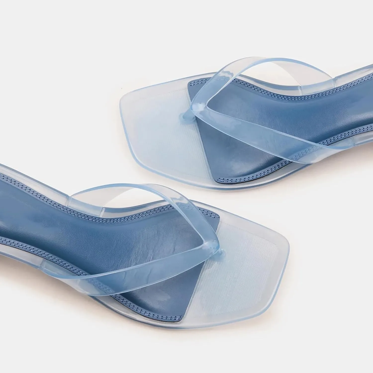 Dsevht Jelly Kitten Heel Sandals for Women Clear Square Toe Flip Flop Thong Mule Heeled Summer Beach Slip On Slide Shoes