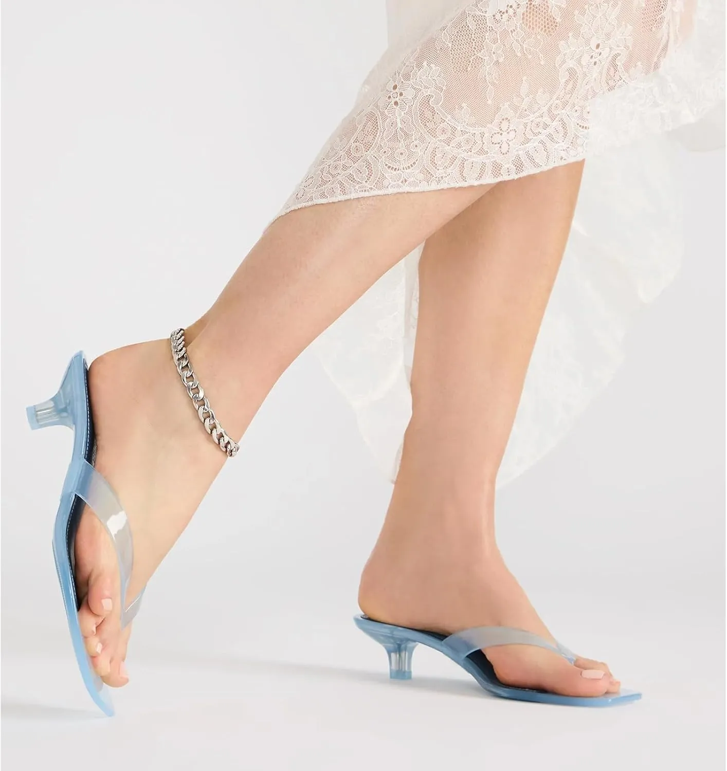 Dsevht Jelly Kitten Heel Sandals for Women Clear Square Toe Flip Flop Thong Mule Heeled Summer Beach Slip On Slide Shoes