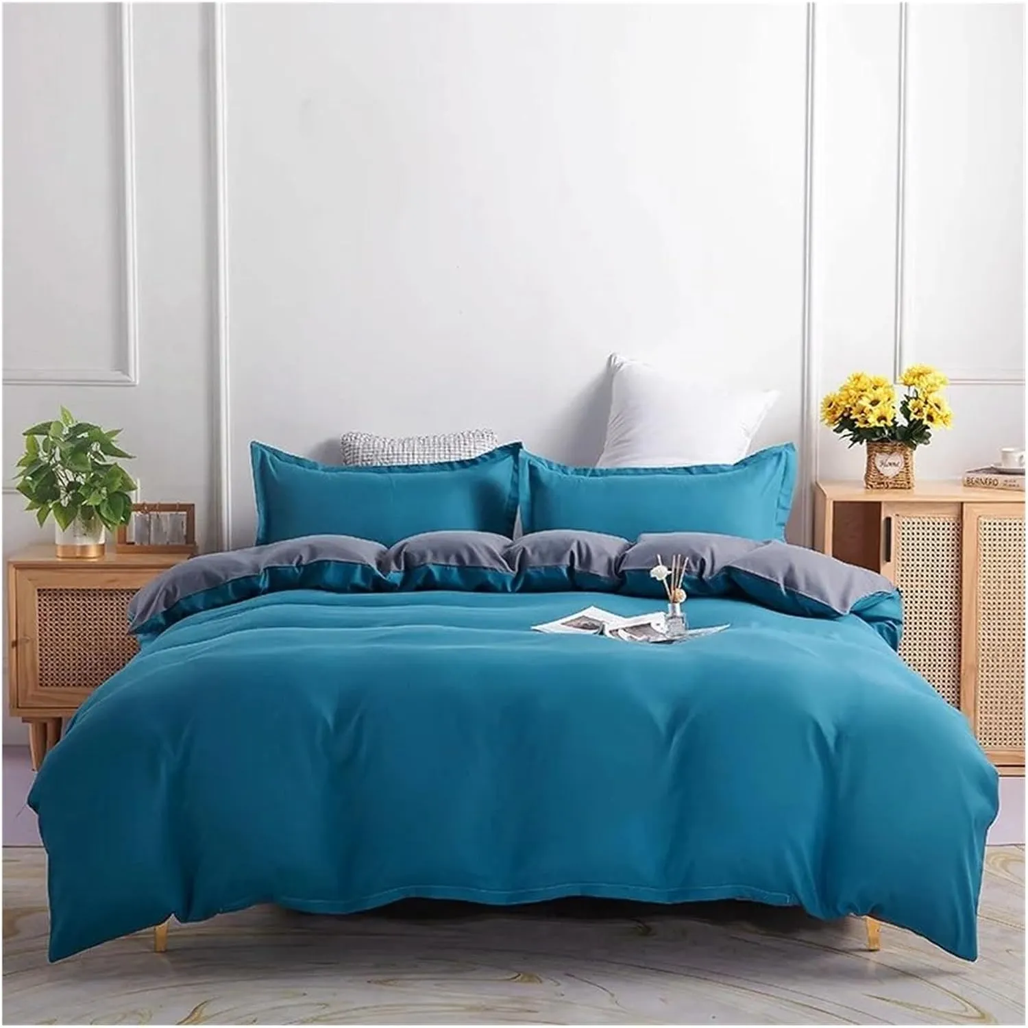Duvet Cover Set Green Reversible Bedding Set with Duvet Cover Sheet Pillowcase 4 Piece Home Textile Products, All Season (B Twin)