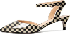 Eldof Women's Low Kitten Heel Sandals Pointed Toe Heels Ankle Strap Heeled Dressy Shoes for Summer Casual Office Wedding Event 1.4 Inches