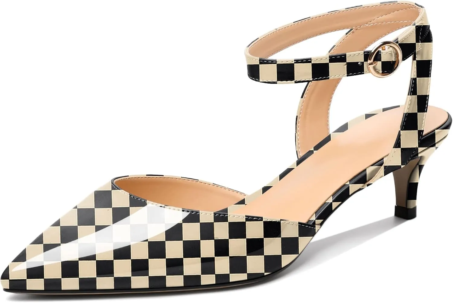 Eldof Women's Low Kitten Heel Sandals Pointed Toe Heels Ankle Strap Heeled Dressy Shoes for Summer Casual Office Wedding Event 1.4 Inches