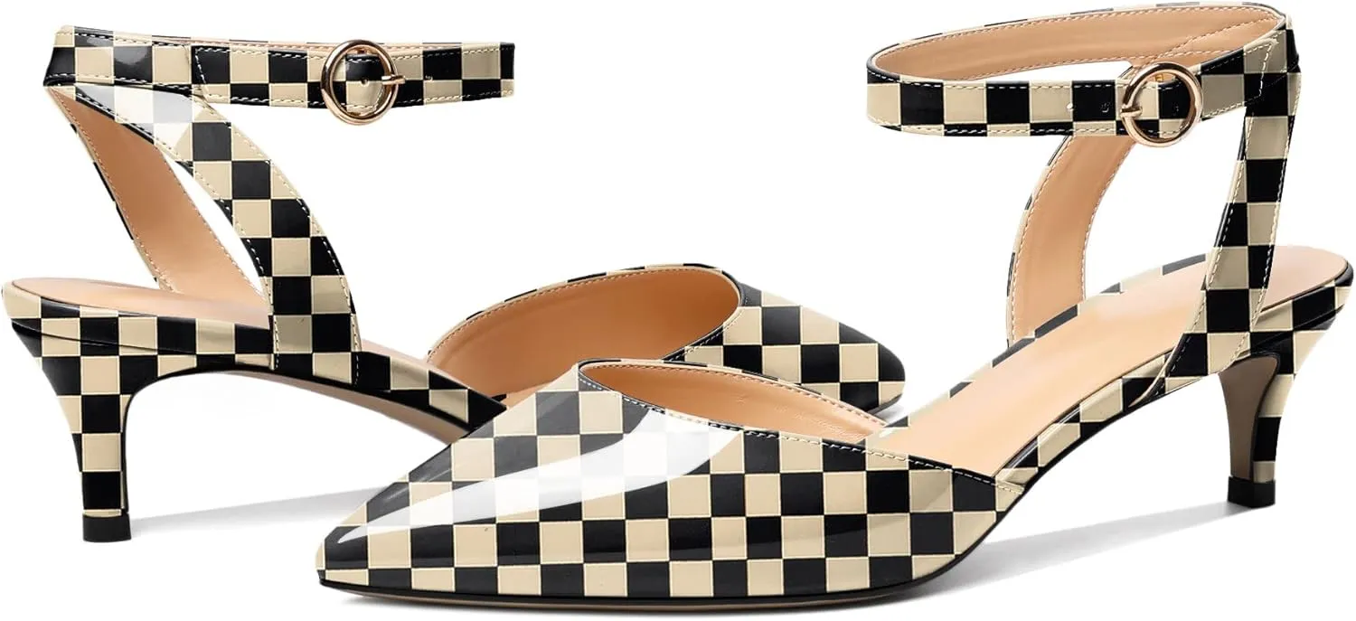 Eldof Women's Low Kitten Heel Sandals Pointed Toe Heels Ankle Strap Heeled Dressy Shoes for Summer Casual Office Wedding Event 1.4 Inches