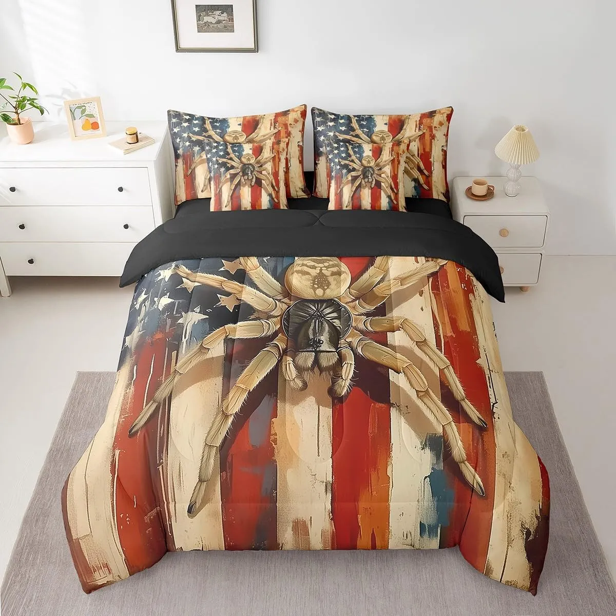 Erosebridal Spider Full Comforter Set 7 Piece Yellow Spider Animal Bedding Set Happy Halloween Bed in A Bag American Flag Wooden Plank Bed Set for Kids Boys Girls