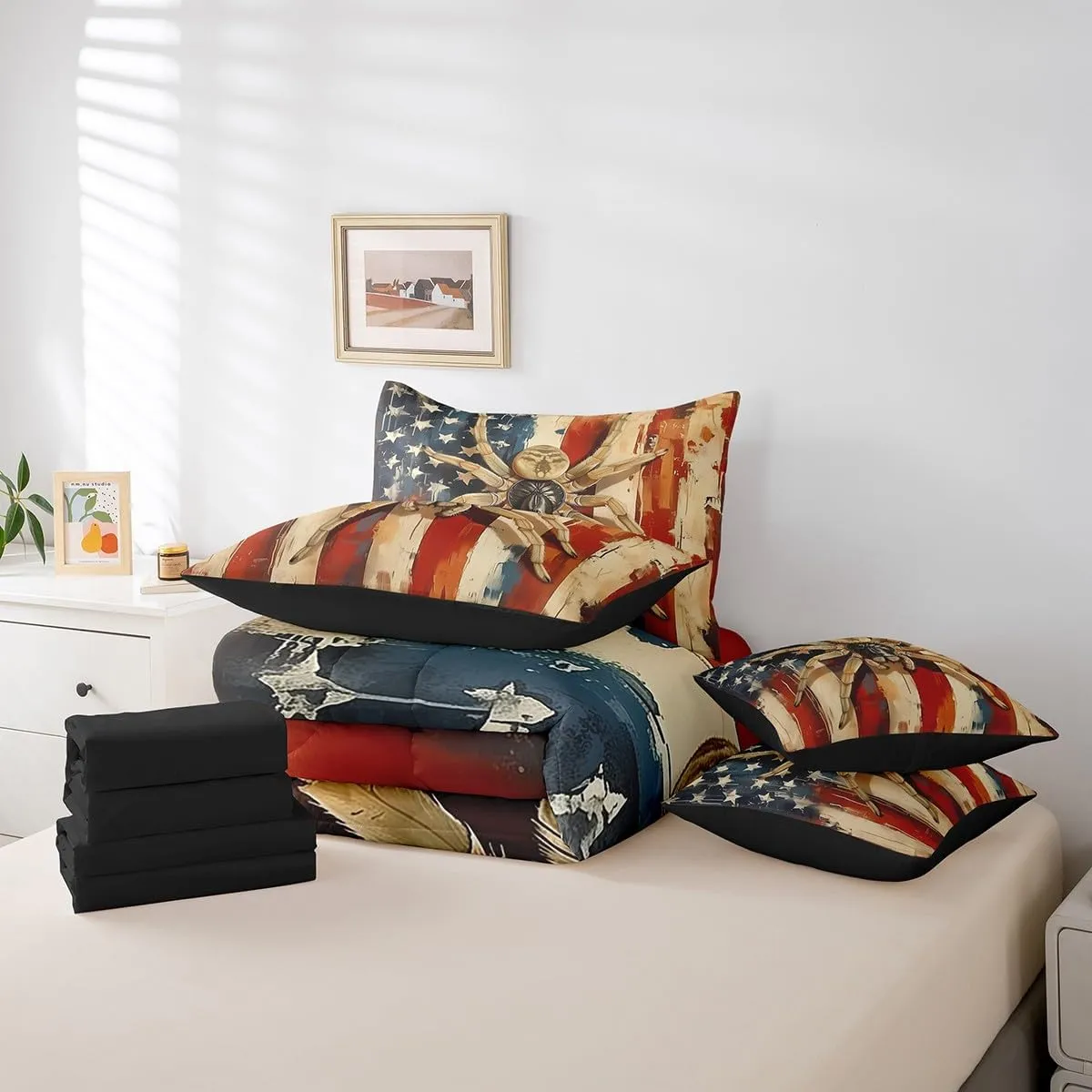 Erosebridal Spider Full Comforter Set 7 Piece Yellow Spider Animal Bedding Set Happy Halloween Bed in A Bag American Flag Wooden Plank Bed Set for Kids Boys Girls