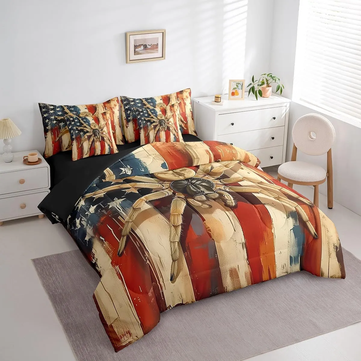 Erosebridal Spider Full Comforter Set 7 Piece Yellow Spider Animal Bedding Set Happy Halloween Bed in A Bag American Flag Wooden Plank Bed Set for Kids Boys Girls