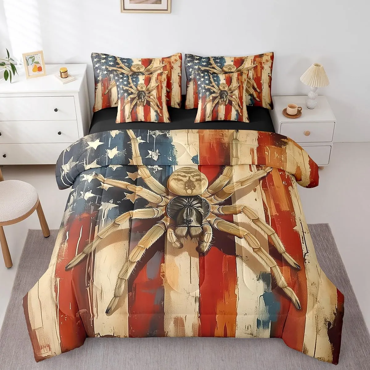 Erosebridal Spider Full Comforter Set 7 Piece Yellow Spider Animal Bedding Set Happy Halloween Bed in A Bag American Flag Wooden Plank Bed Set for Kids Boys Girls