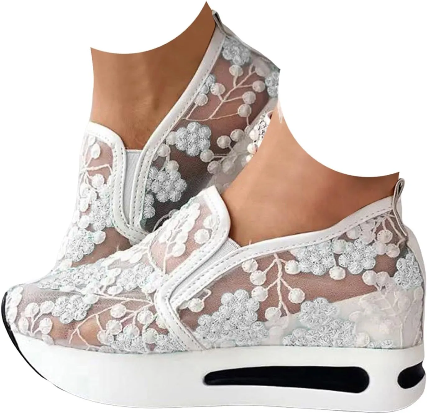 Fashion Sneakers for Women 2025, Floral Embroidery Breathable Sheer Mesh Lace Sneakers Slip on Sneakers Platform Wedge Sneakers Dressy Casual Walking Shoes (a-White, 7.5)