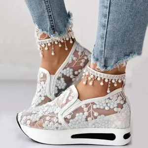 Fashion Sneakers for Women 2025, Floral Embroidery Breathable Sheer Mesh Lace Sneakers Slip on Sneakers Platform Wedge Sneakers Dressy Casual Walking Shoes (a-White, 7.5)