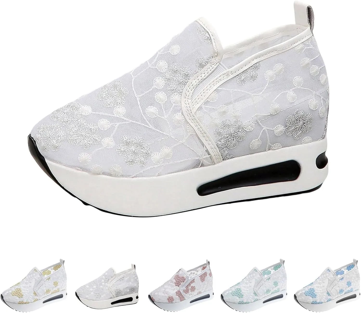 Fashion Sneakers for Women 2025, Floral Embroidery Breathable Sheer Mesh Lace Sneakers Slip on Sneakers Platform Wedge Sneakers Dressy Casual Walking Shoes (a-White, 7.5)