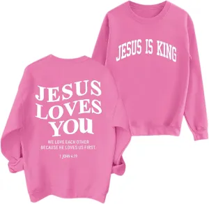 Fleece Christian Sweatshirts Women Jesus Loves You Jesus Is King Hoodie Religious Faith God Shirts Oversized Tops