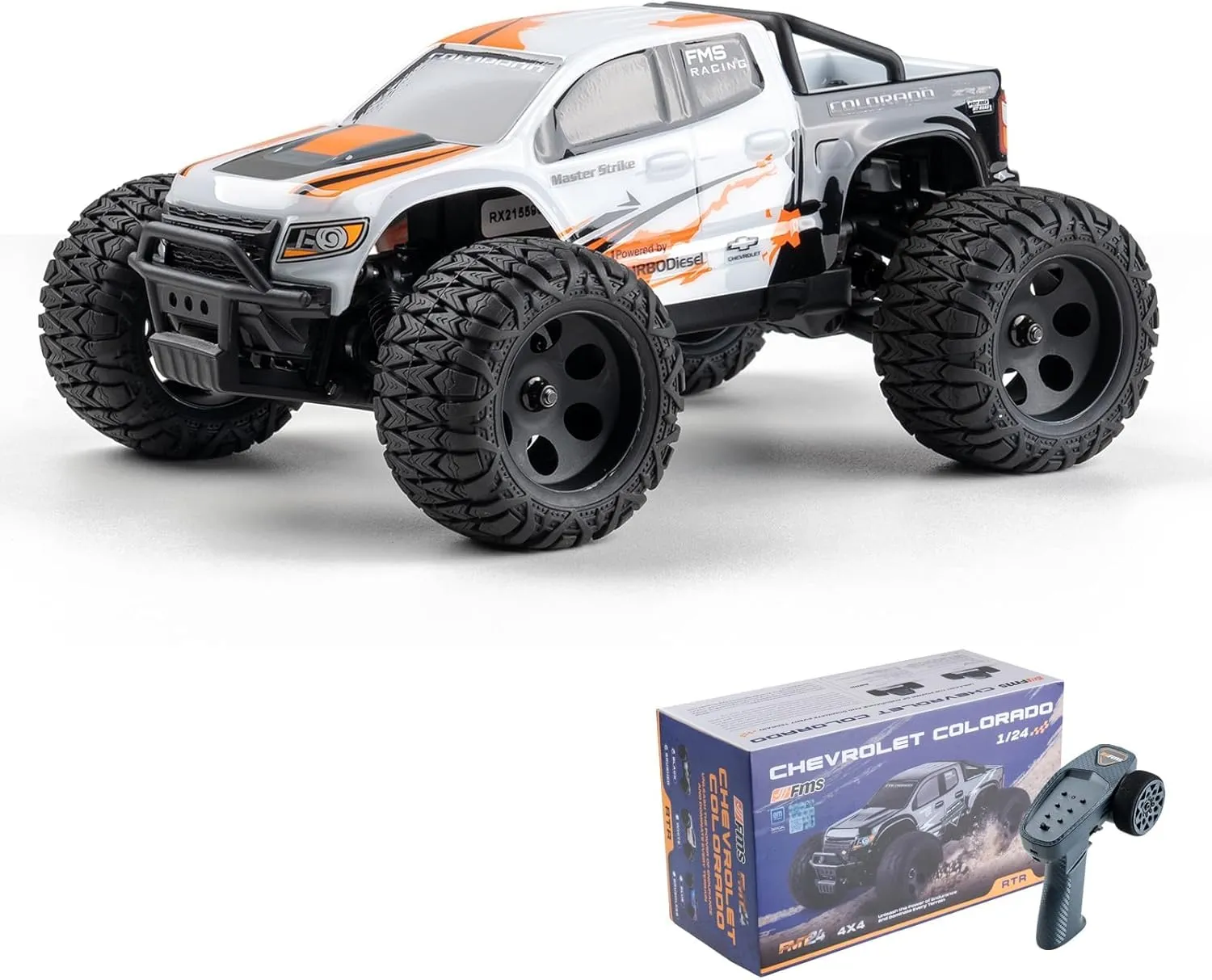 FMS FMT24 1/24 Chevrolet Colorado Brushed RC Truck RTR, Basher RC Cars, 4X4 Off-Road Hobby Grade Waterproof 2-Speed Switch RC Crawler with 370 Motor for Adults (White)
