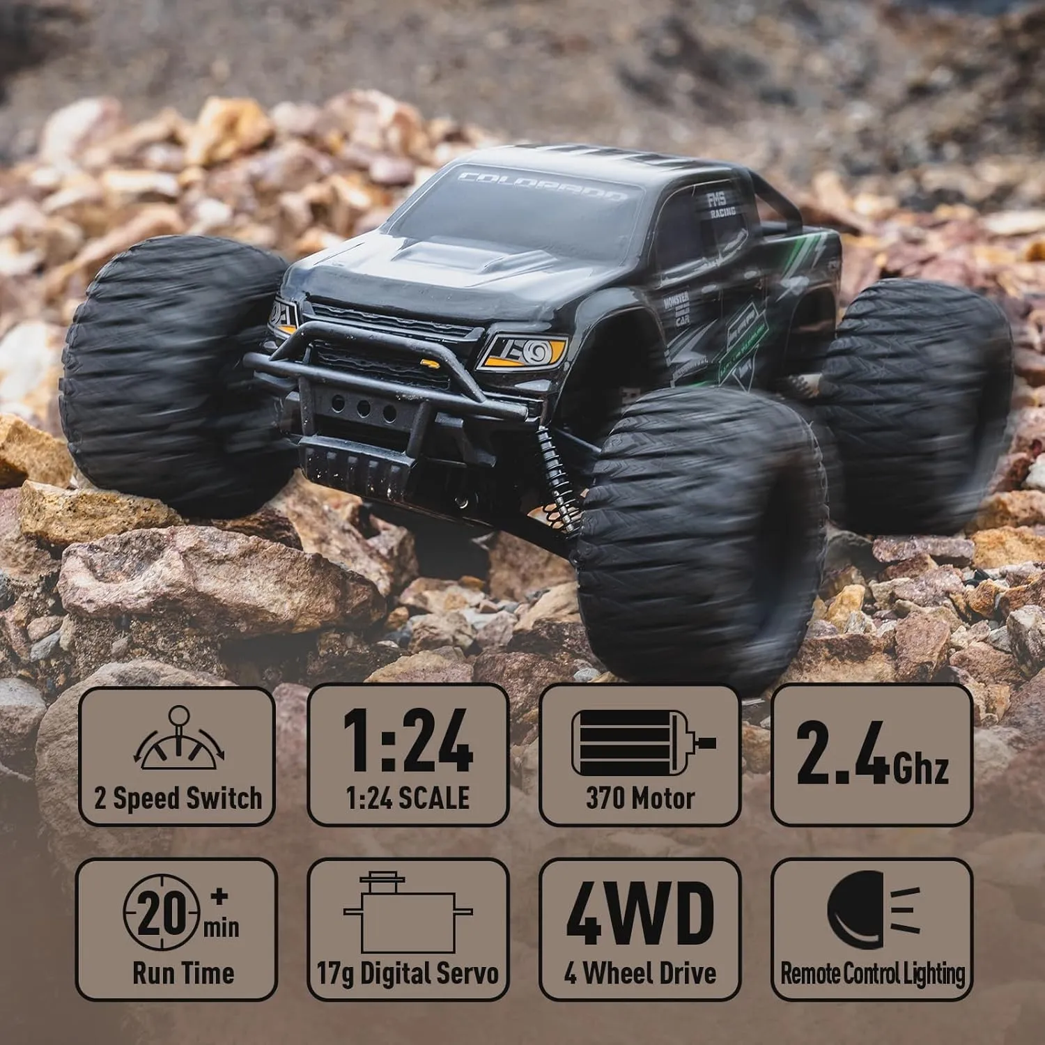FMS FMT24 1/24 Chevrolet Colorado Brushed RC Truck RTR, Basher RC Cars, 4X4 Off-Road Hobby Grade Waterproof 2-Speed Switch RC Crawler with 370 Motor for Adults (White)