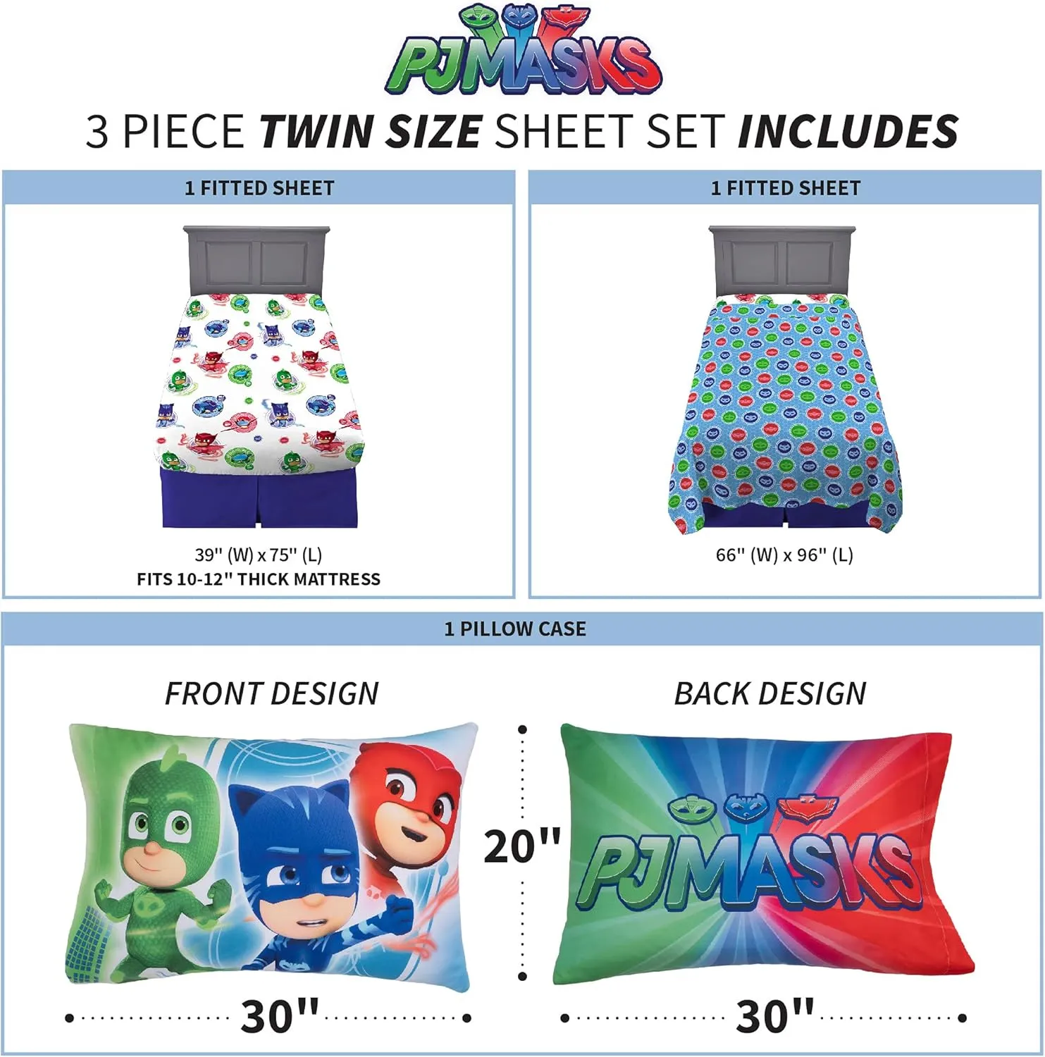 Franco Kids Bedding Super Soft Microfiber Sheet Set, (3 Piece) Twin Size, PJ Masks, MA7908 (Pack of 2)
