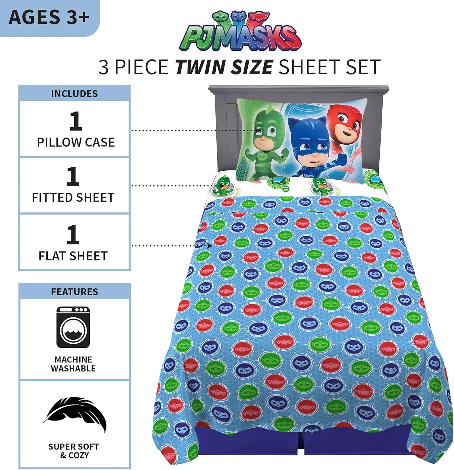 Franco Kids Bedding Super Soft Microfiber Sheet Set, (3 Piece) Twin Size, PJ Masks, MA7908 (Pack of 2)