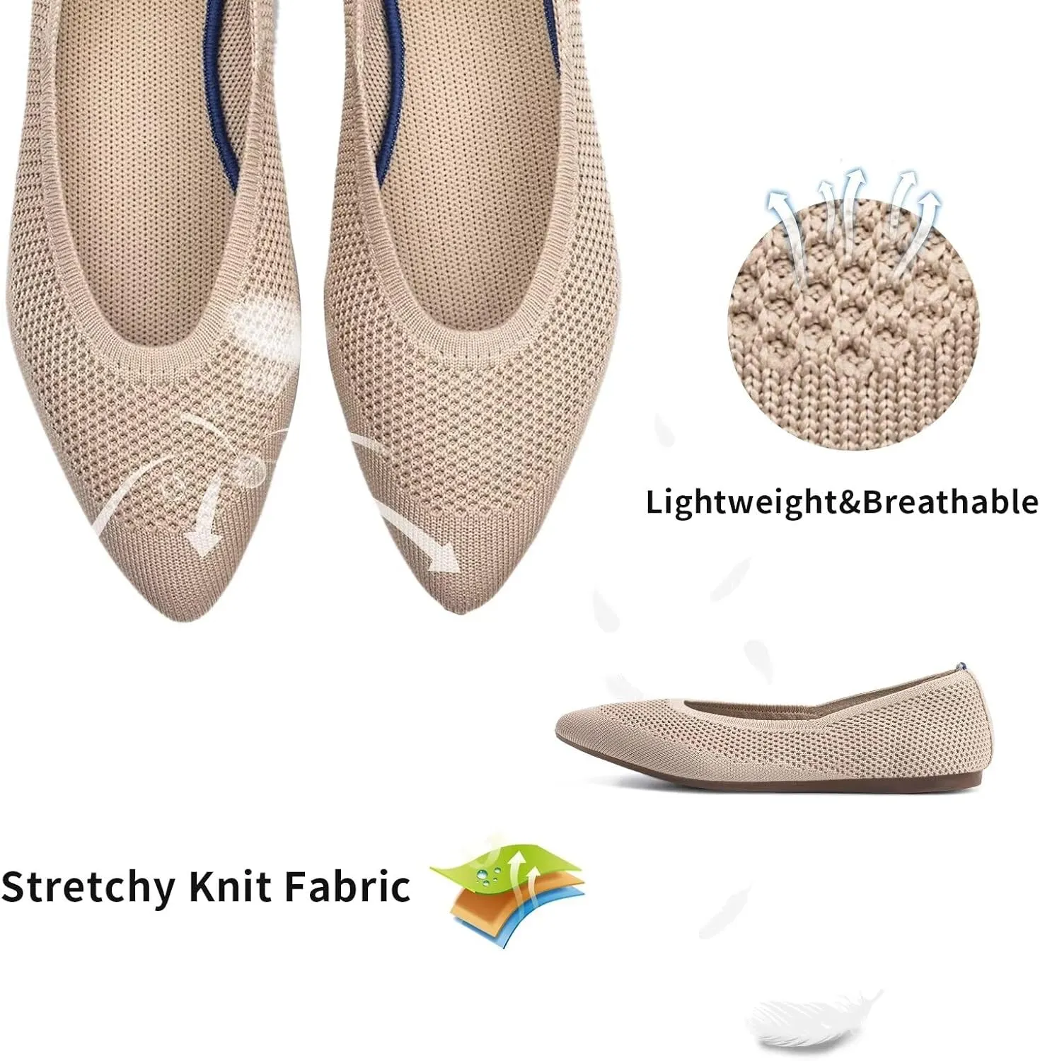 Frank Mully Womens Pointed Toe Flats Knit Dress Shoes Comfort Women Shoes Slip On Shoes for Woman Classic Softable Shoes Low Wedge