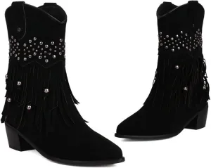 Fringe Ankle Boots for Women Wide Calf Riding Boots Retro Rivets Tassel Boho Beaded Western Booties Chunky Low Heel Cowgirl Cowboy Boots Pull On Pointy Toe Winter Boots Knight Boots