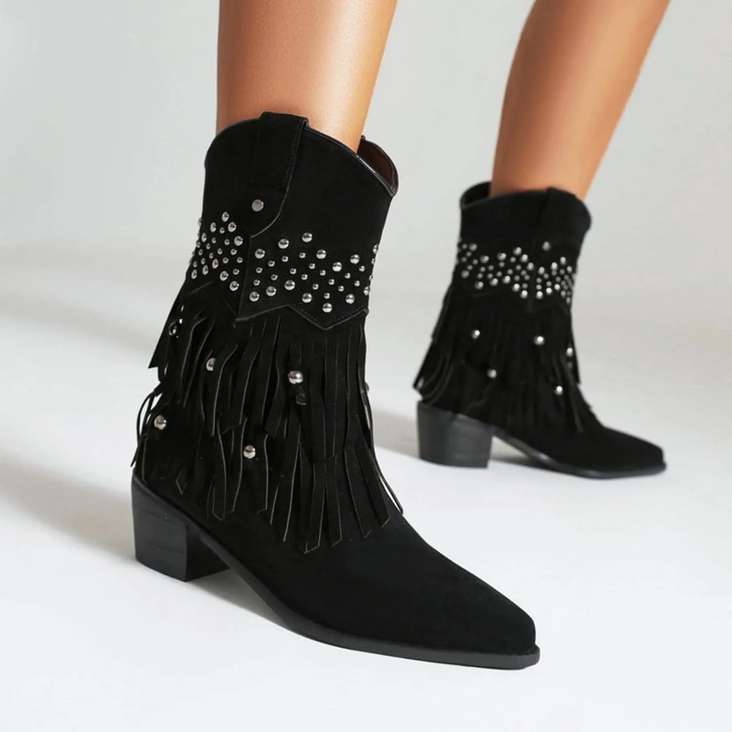 Fringe Ankle Boots for Women Wide Calf Riding Boots Retro Rivets Tassel Boho Beaded Western Booties Chunky Low Heel Cowgirl Cowboy Boots Pull On Pointy Toe Winter Boots Knight Boots