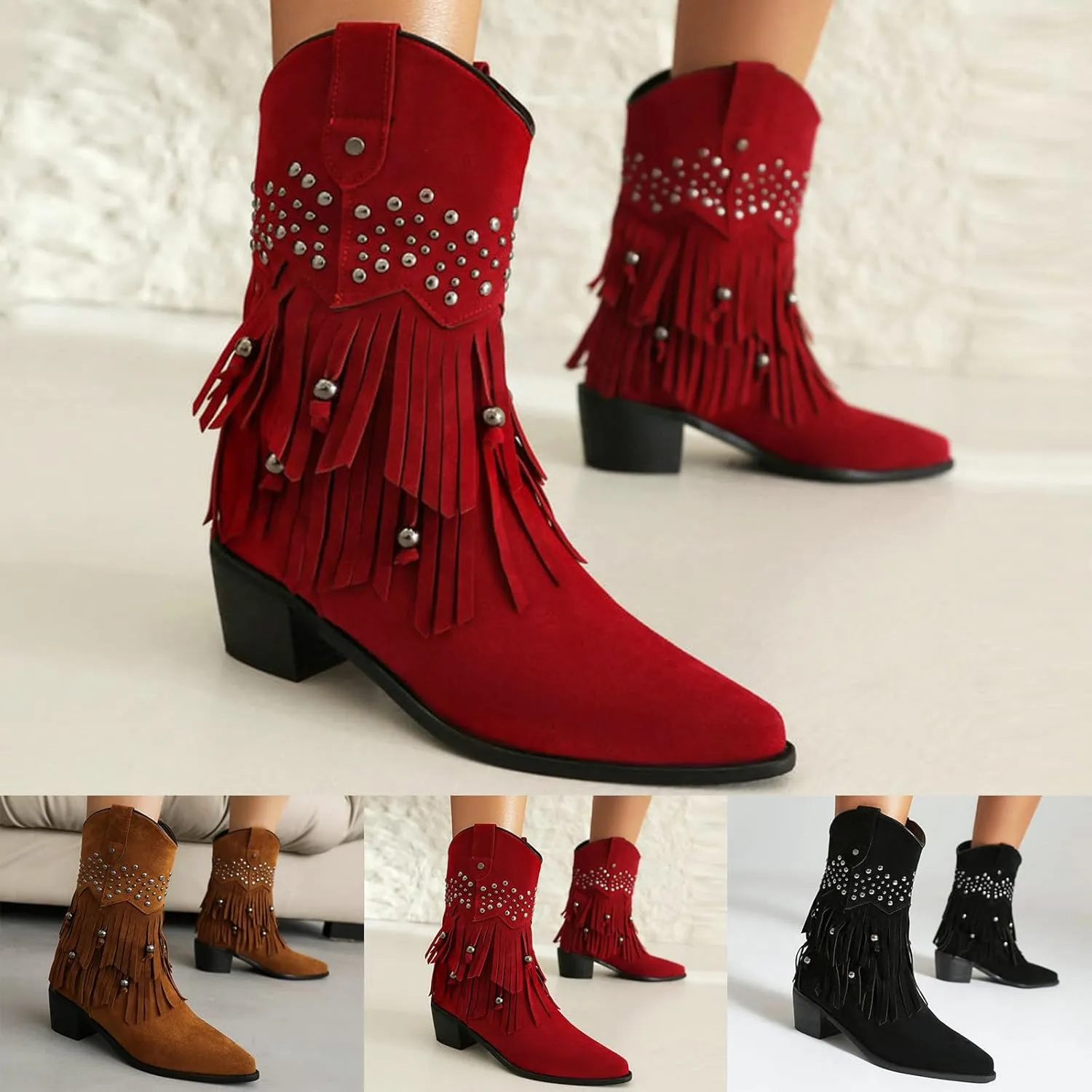 Fringe Ankle Boots for Women Wide Calf Riding Boots Retro Rivets Tassel Boho Beaded Western Booties Chunky Low Heel Cowgirl Cowboy Boots Pull On Pointy Toe Winter Boots Knight Boots