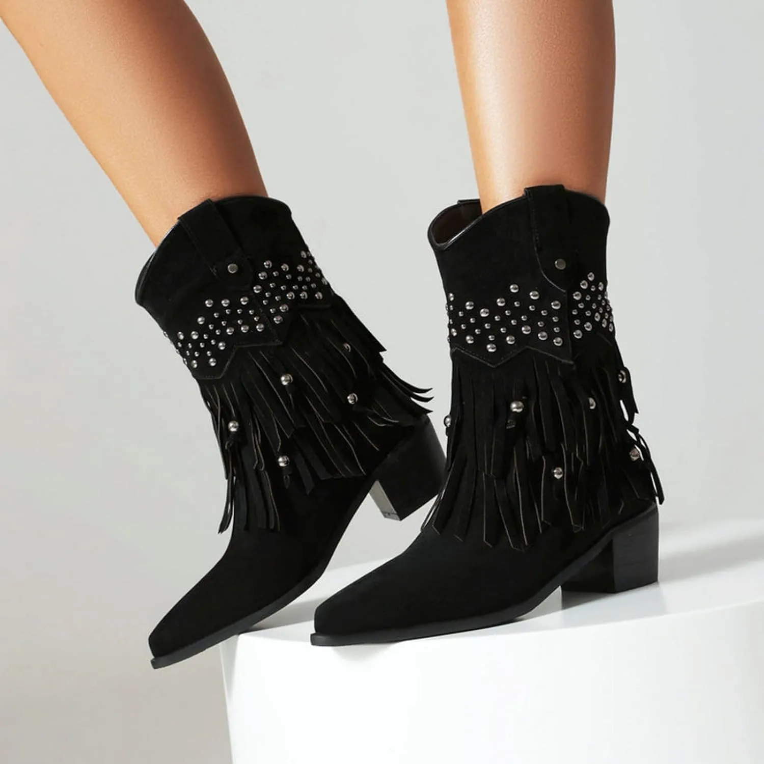 Fringe Ankle Boots for Women Wide Calf Riding Boots Retro Rivets Tassel Boho Beaded Western Booties Chunky Low Heel Cowgirl Cowboy Boots Pull On Pointy Toe Winter Boots Knight Boots
