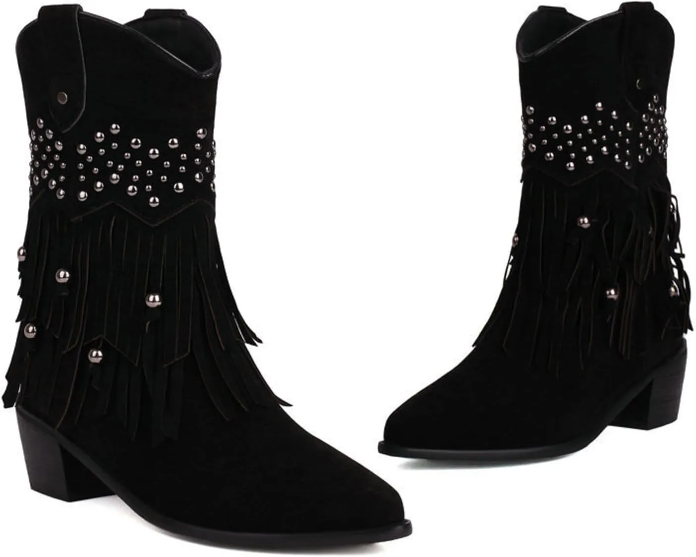Fringe Ankle Boots for Women Wide Calf Riding Boots Retro Rivets Tassel Boho Beaded Western Booties Chunky Low Heel Cowgirl Cowboy Boots Pull On Pointy Toe Winter Boots Knight Boots