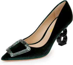 FSJ Women Classic Chain High Heel Wedding Pumps Pointed Toe Sparkly Rhinestone Slip On Crystal Bridal Studded Jewel Buckle Shoes Size 4-16 US